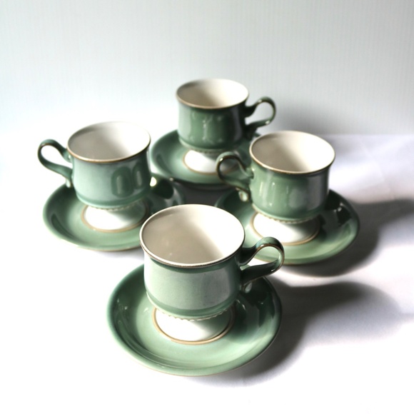 DENBY Set of 4 Vintage Venice Green Stoneware Tea Coffee Cup Saucer Fall - Picture 2 of 13